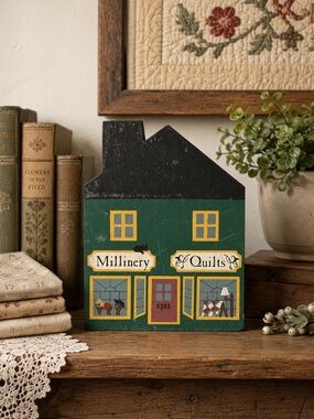 Vintage 1984 The Cat’s Meow Millinery Quilts Shop Wooden Shelf Sitter